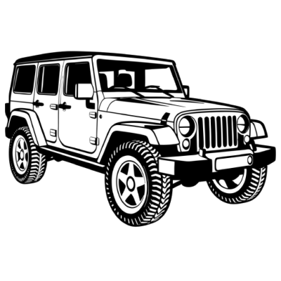 Black and white outline of a rugged off-road vehicle.
