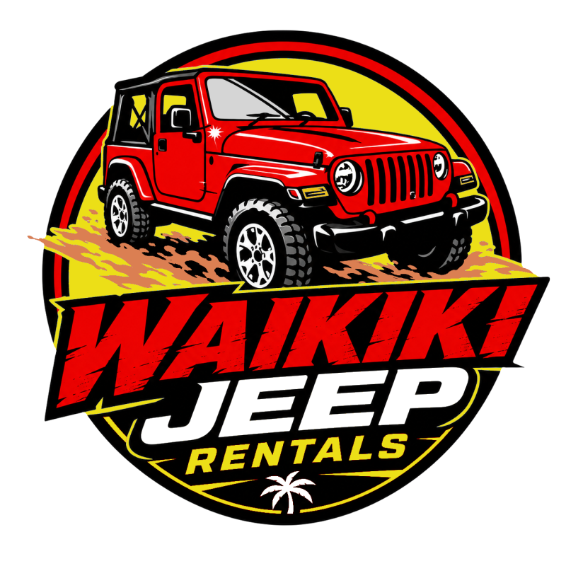 Red Jeep illustration with text 'Waikiki Jeep Rentals' on a circular logo.