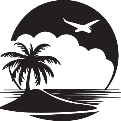 Silhouette of palm tree on island with plane in sky and sun.