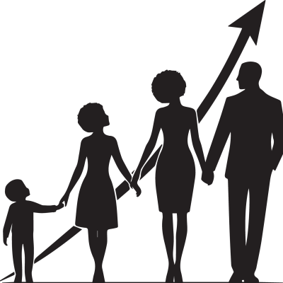 Silhouette of a family holding hands with an upward arrow behind them.